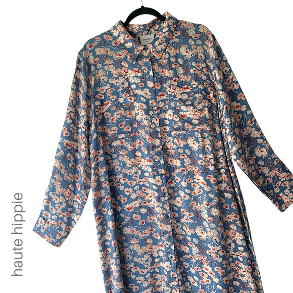 Haute Hippie Dresses & Skirts - HAUTE HIPPIE | FLORAL MAXI SHIRTDRESS LONG SLEEVE BUTTON FRONT BLUE & WHITE | XL